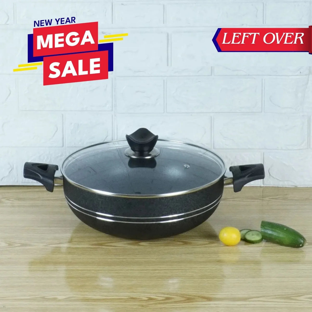 Left Over NonStick Round Karahi/Wok With Glass Lid Black
