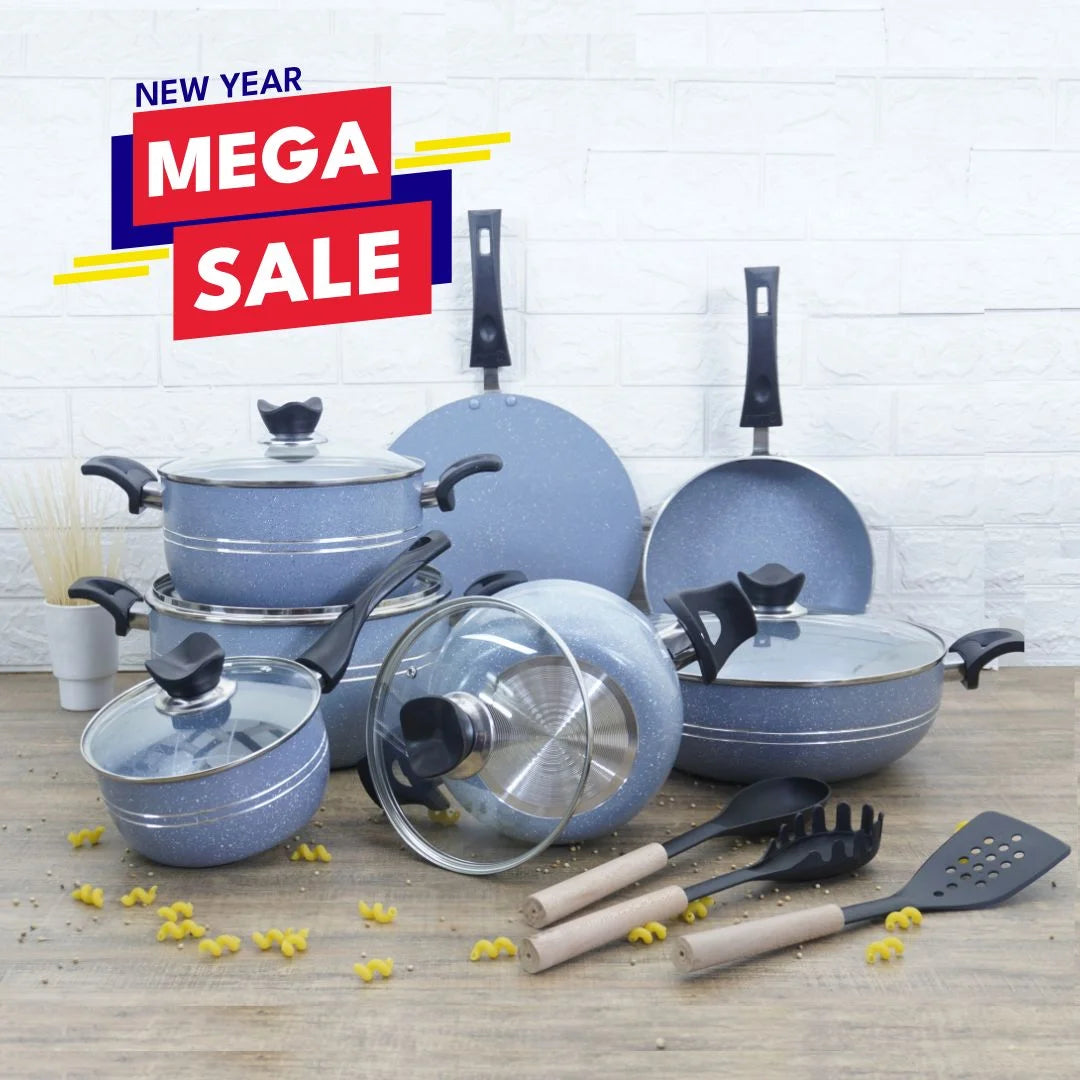 KLASSIC Vario Marble Coated Cookware Gift Set Gray Color - 15 Pieces Kitchenware Set with Glass Lid