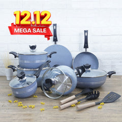 KLASSIC Vario Marble Coated Cookware Gift Set Gray Color - 15 Pieces Kitchenware Set with Glass Lid