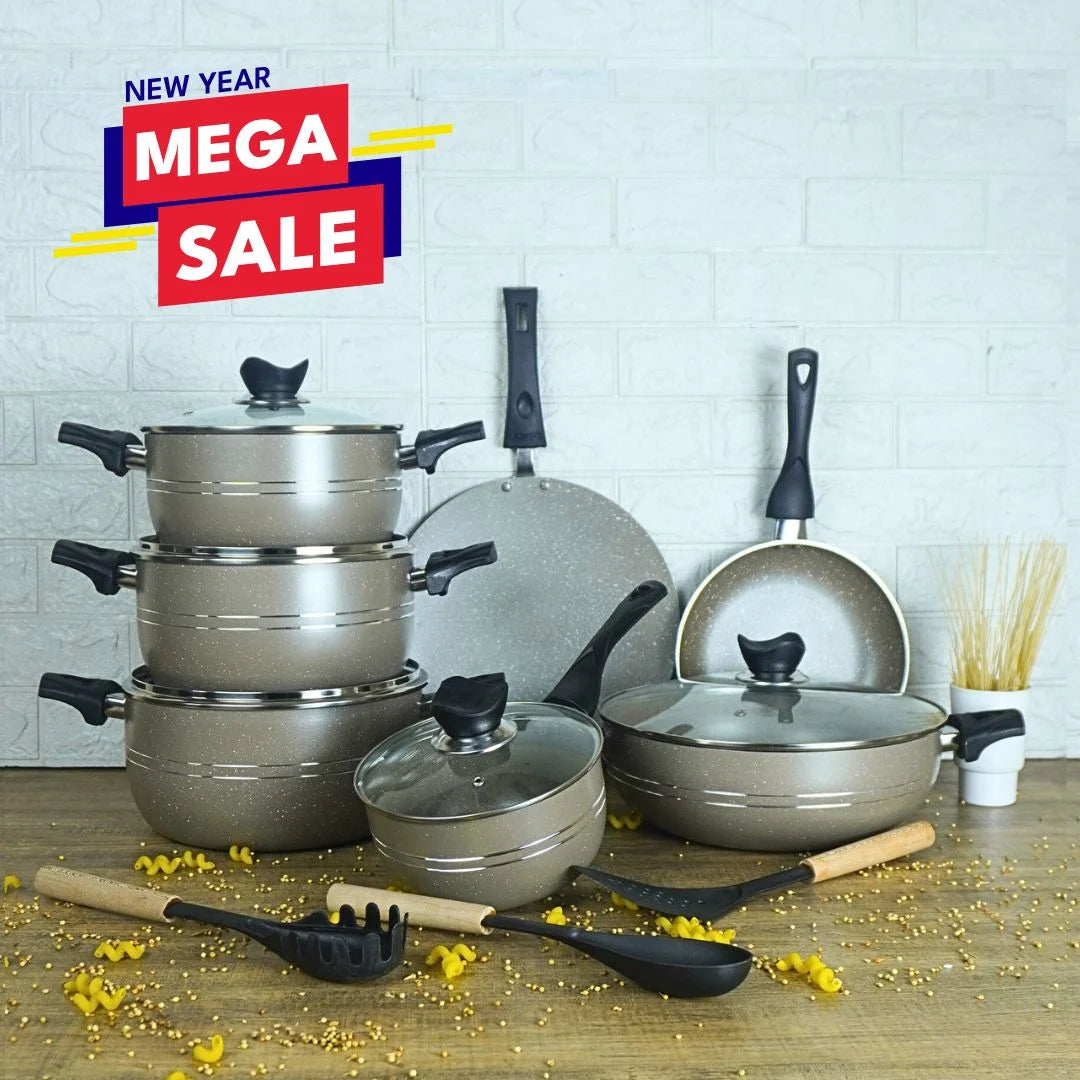 KLASSIC Vario Marble Coated Cookware Gift Set Beige Color - 15 Pieces Kitchenware Set with Glass Lid