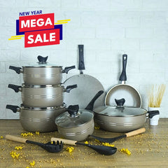 KLASSIC Vario Marble Coated Cookware Gift Set Beige Color - 15 Pieces Kitchenware Set with Glass Lid