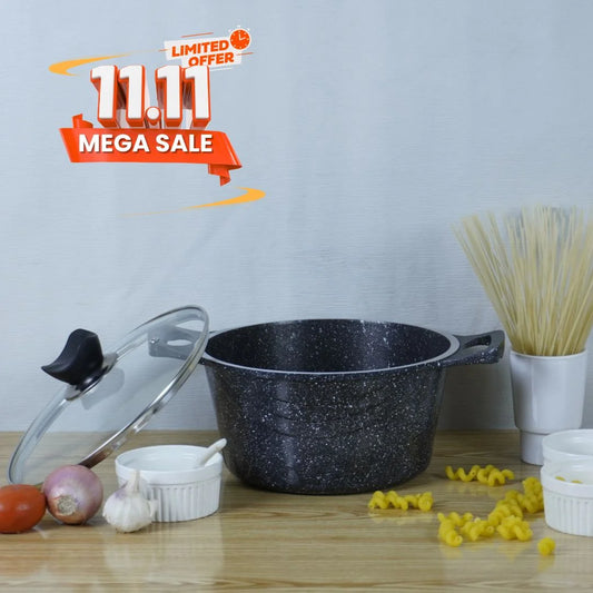 KLASSIC Die cast Non Stick Marble Coated Induction base Casserole with Glass Lid Black 1080