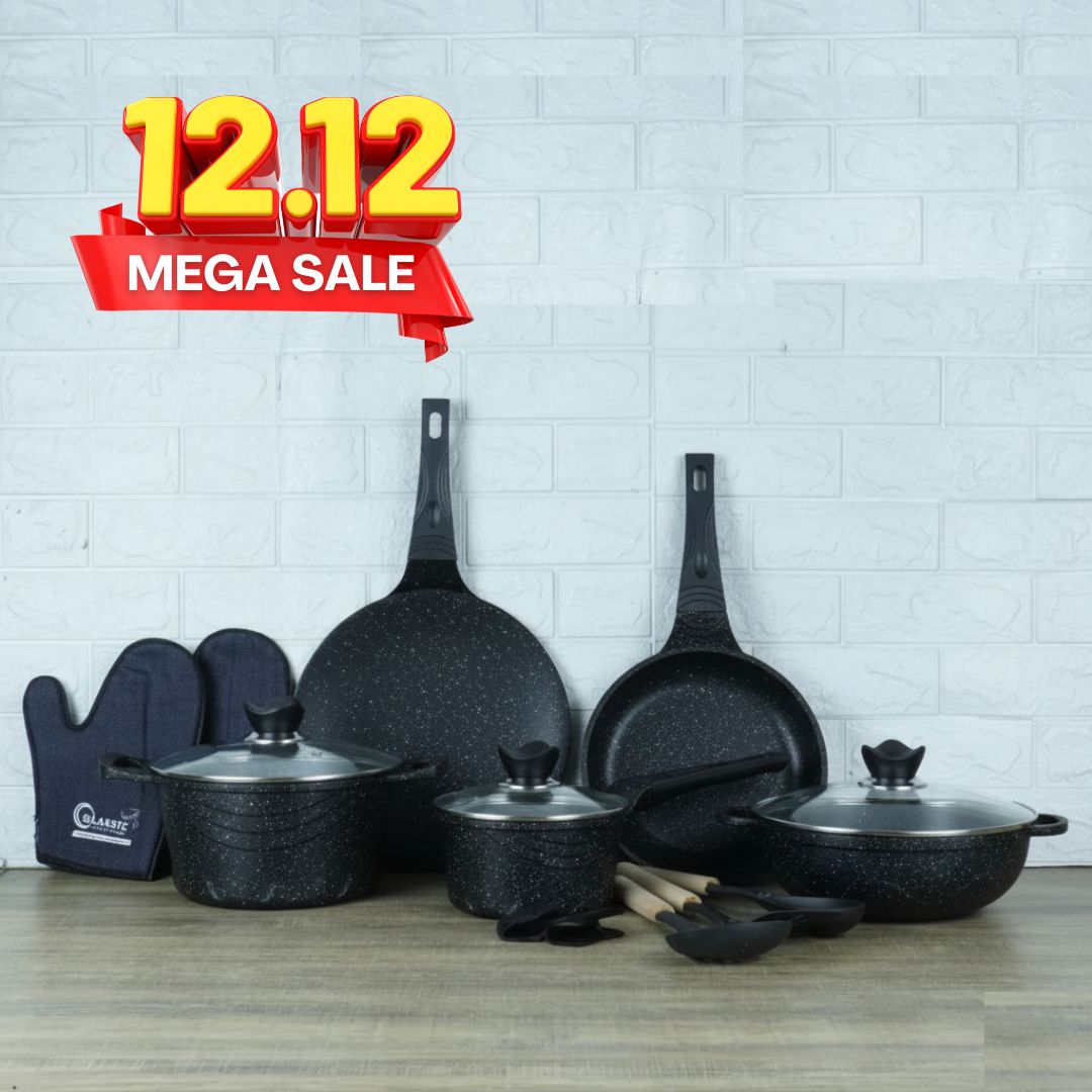 Vinton Vintage Die Cast Non Stick Cookware Set / Kitchen Set 16Pcs with Induction Base Black Gray