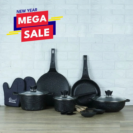 Vinton Vintage Die Cast Non Stick Cookware Set / Kitchen Set 16Pcs with Induction Base Black Gray 1080