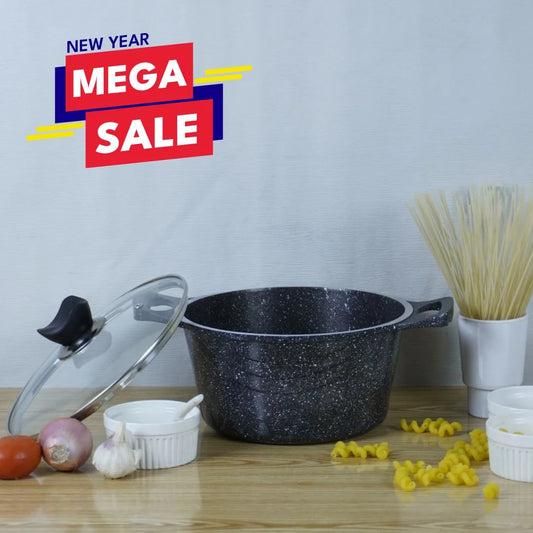 KLASSIC Die cast Non Stick Marble Coated Induction base Casserole with Glass Lid Black 1080