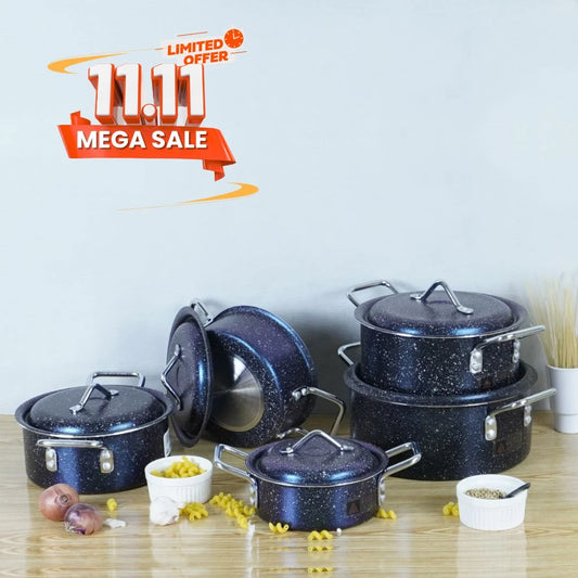 Klassic Non Stick Marble Coated Excel Cooking Pots Kitchen Set 10 Pcs With Steel Handle 1080