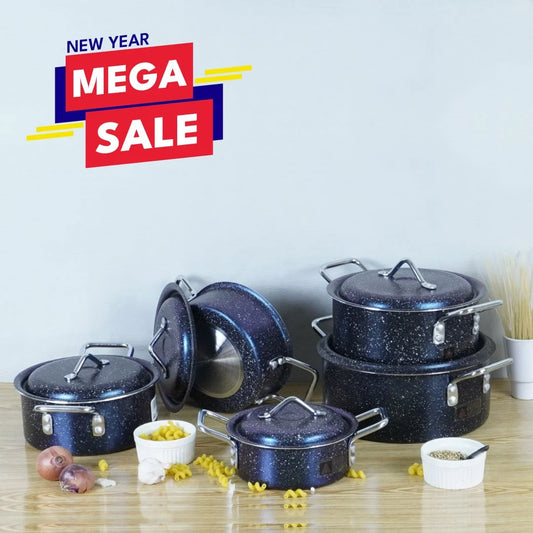 Klassic Non Stick Marble Coated Excel Cooking Pots Kitchen Set 10 Pcs With Steel Handle 1080