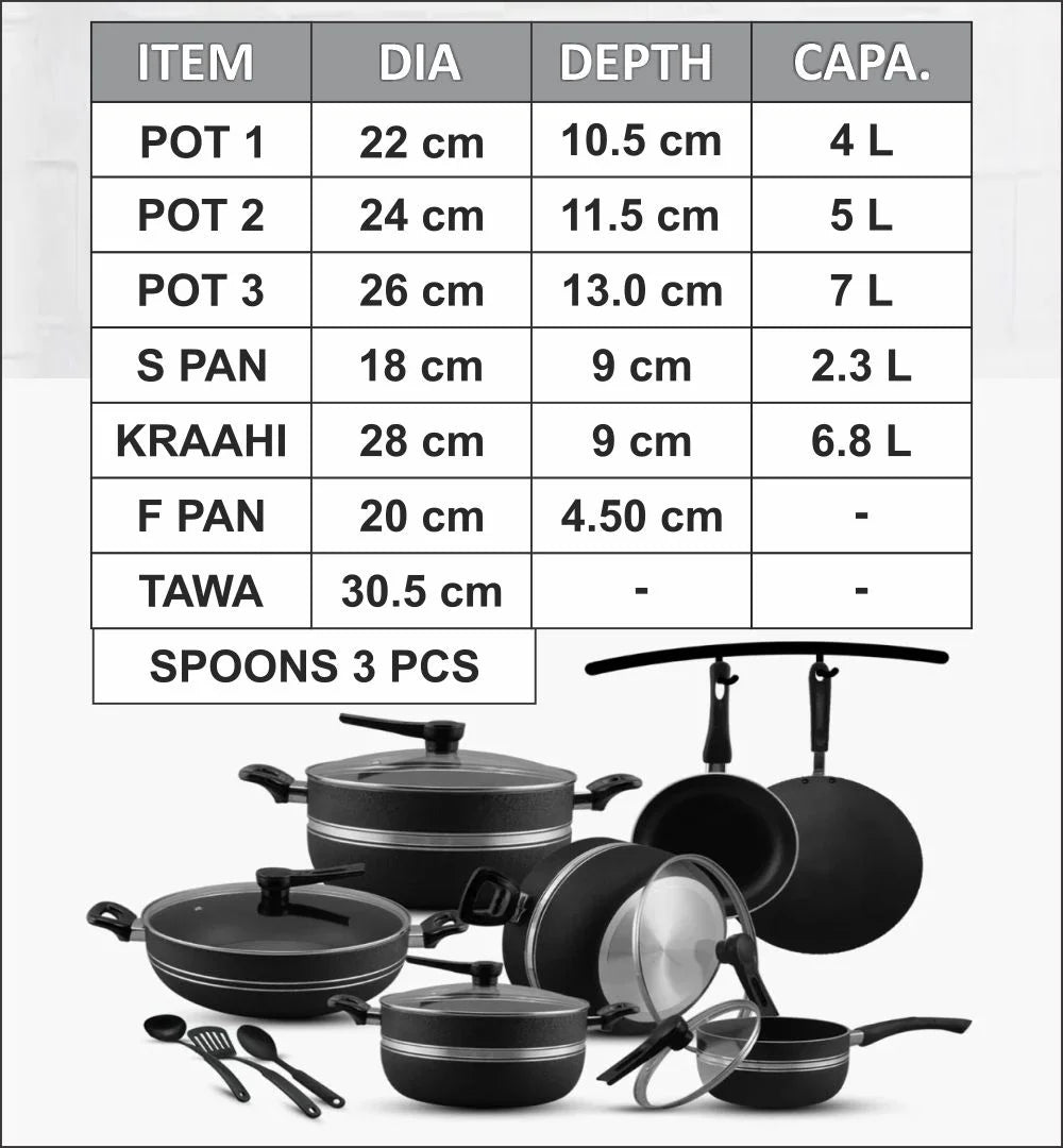 Set of cookware with dimensions and capacities displayed on a white background
