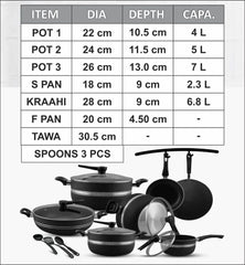 Set of cookware with dimensions and capacities displayed on a white background