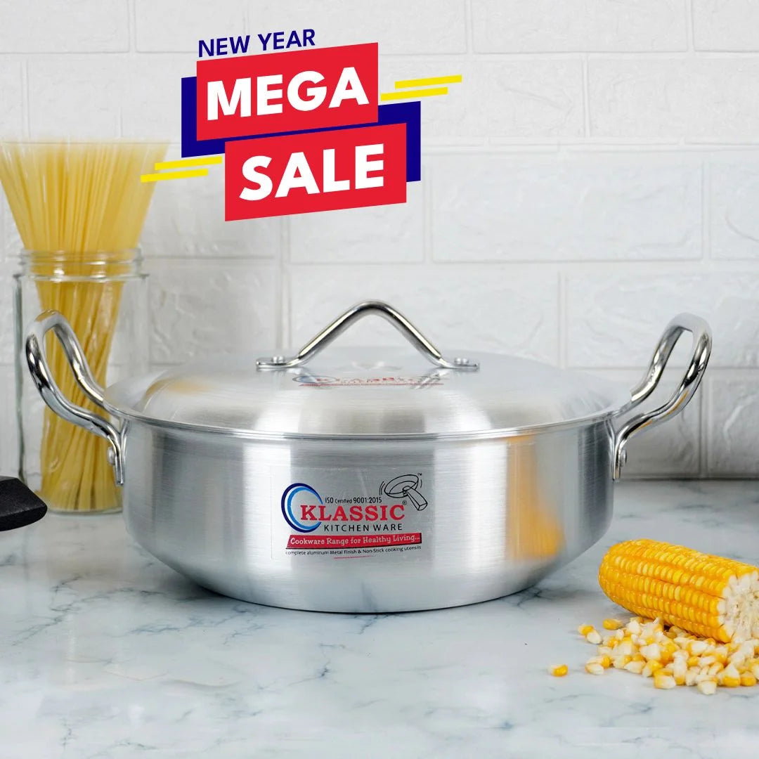 KLASSIC Flat Aluminum Metal Finish Karahi with Lid - Superior Choice for Your Kitchen
