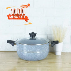 KLASSIC Non-Stick Marble Coated Casserole | Cooking Pot Handi with Glass Lid Grey
