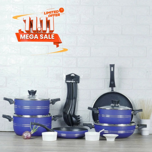 Klassic Prestige Non-Stick Cookware Set 16 Pieces with Glass Lid - Blue 1080