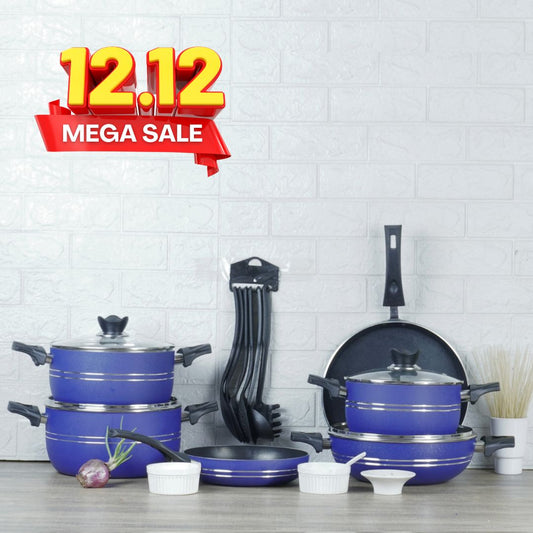 Klassic Prestige Non-Stick Cookware Set 16 Pieces with Glass Lid - Blue 1080