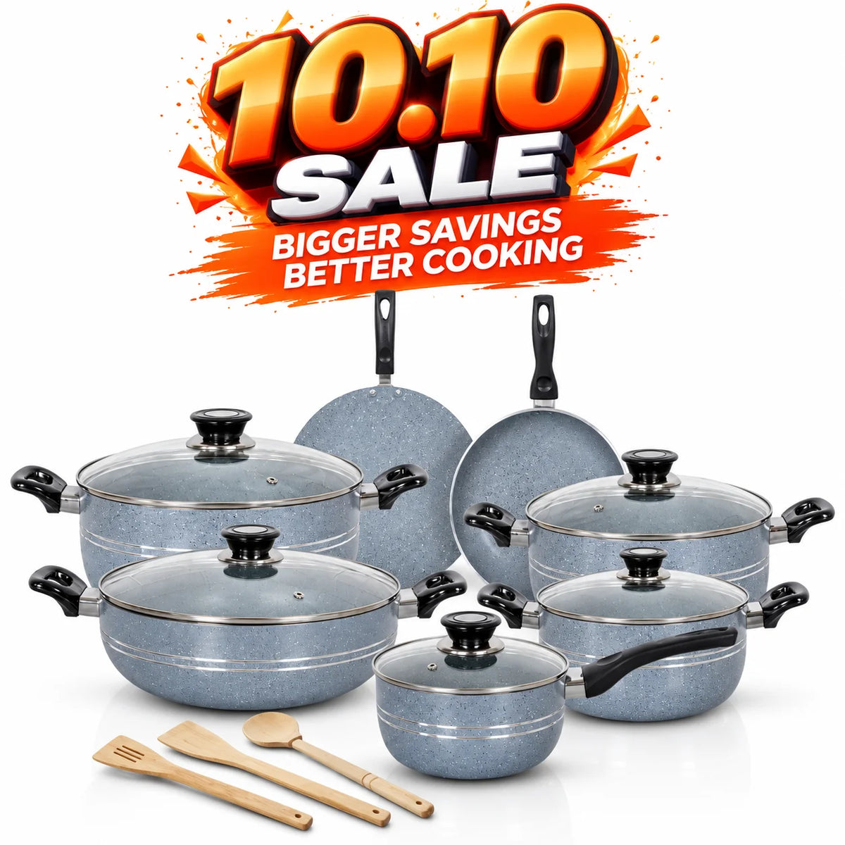KLASSIC Vario Marble Coated Cookware Gift Set Gray Color - 15 Pieces Kitchenware Set with Glass Lid