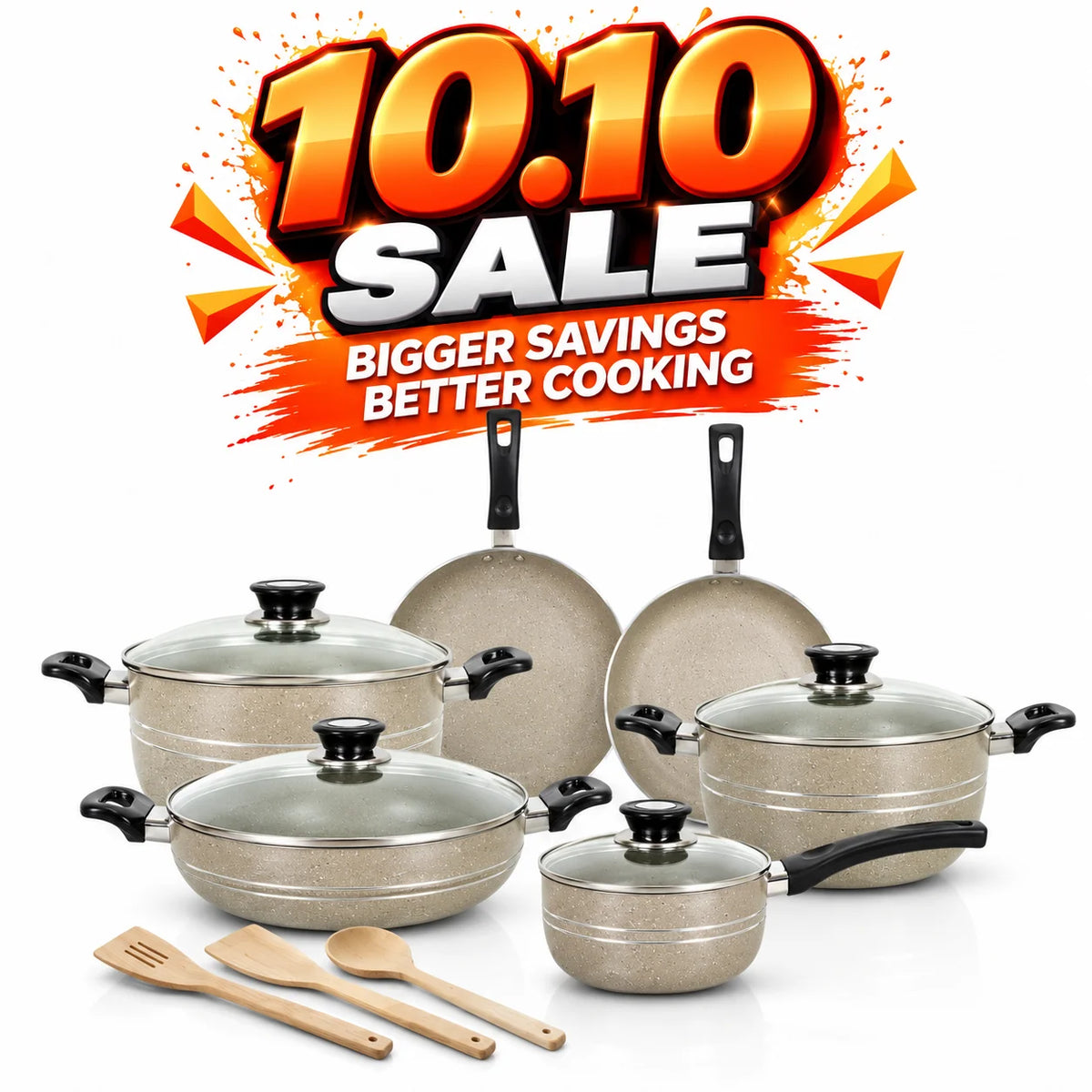 KLASSIC Vario Marble Coated Cookware Gift Set Beige Color - 15 Pieces Kitchenware Set with Glass Lid