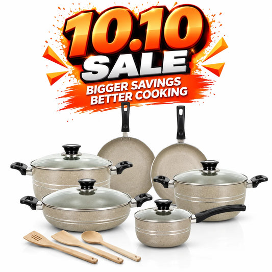 KLASSIC Vario Marble Coated Cookware Gift Set Beige Color - 15 Pieces Kitchenware Set with Glass Lid 1254