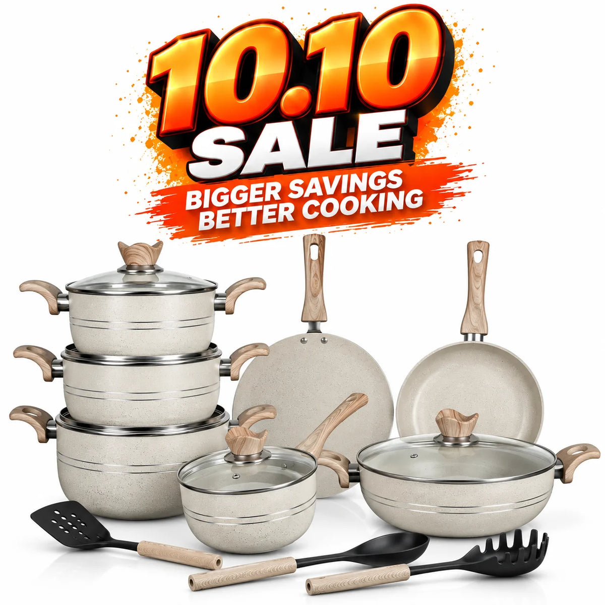 KLASSIC Marble Coated Cookware Gift Set Off White Color - 15 Pieces Kitchenware Set with Glass Lid