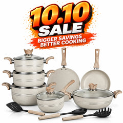 KLASSIC Marble Coated Cookware Gift Set Off White Color - 15 Pieces Kitchenware Set with Glass Lid
