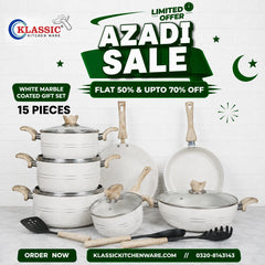 KLASSIC Vario Marble Coated Cookware Gift Set Off White Color - 15 Pieces Kitchenware Set with Glass Lid
