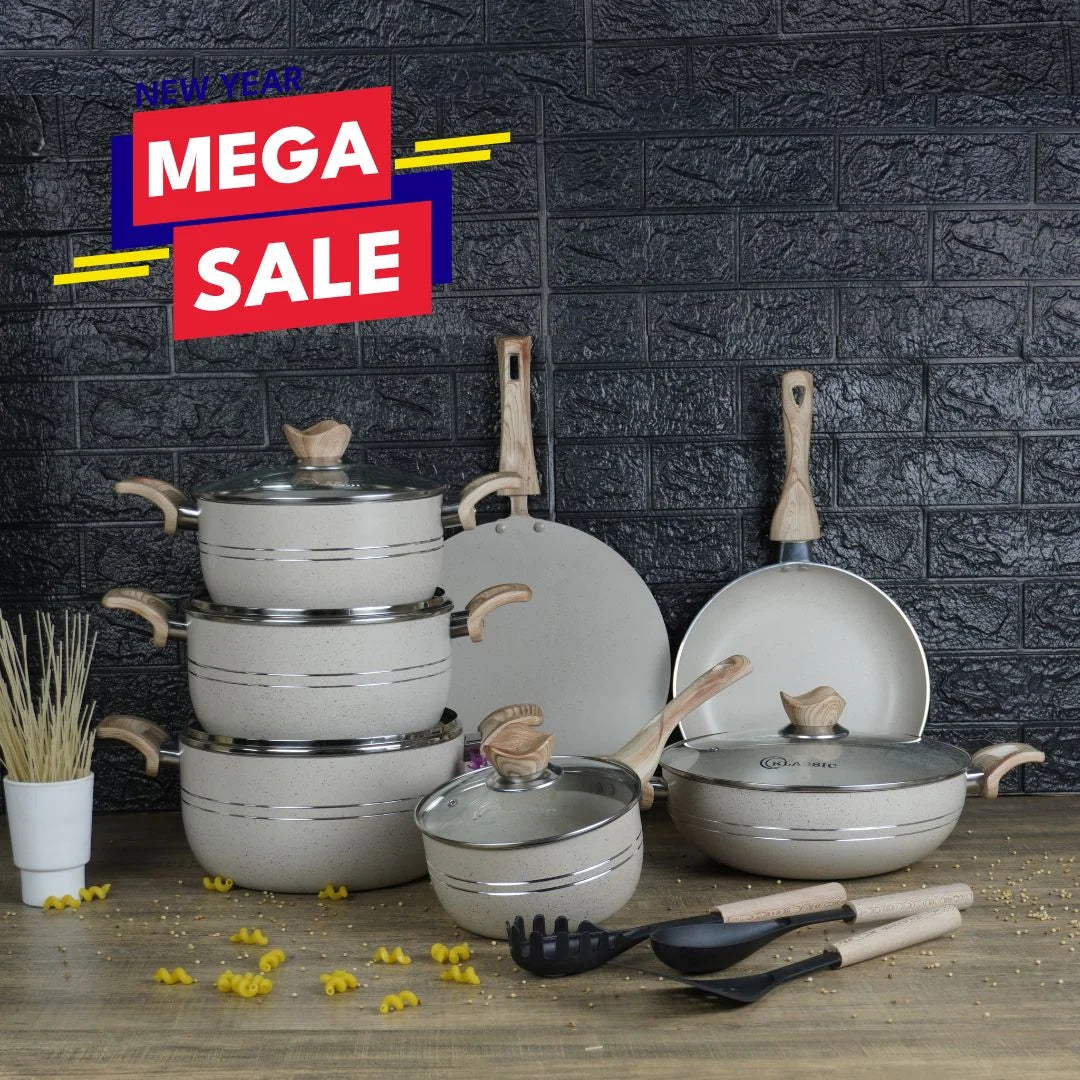 KLASSIC Vario White Marble Coated Cookware Gift Set - 15 Pieces Kitchenware Set