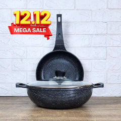KLASSIC Die Cast Marble Coated Mini Cookware Set | Wok/karahi 24cm with Lid + Frying Pan Mini Cookware Kitchen Set