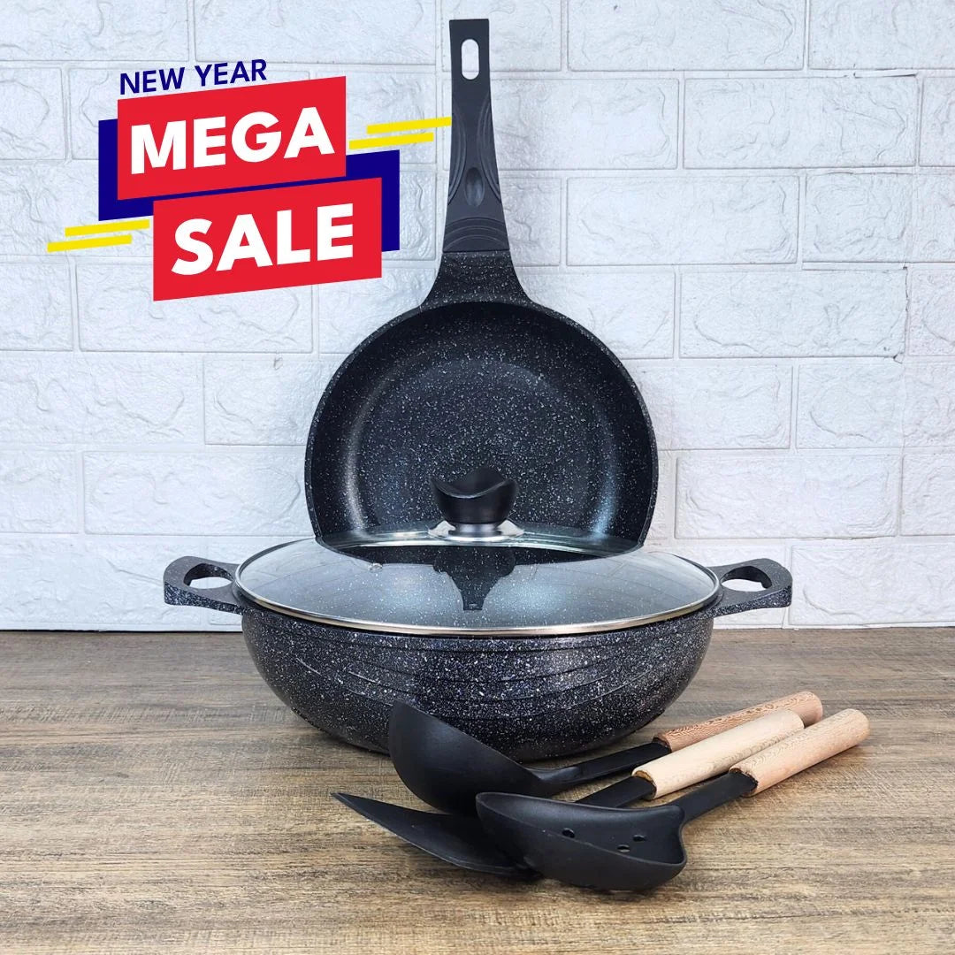 KLASSIC Die Cast Marble Coated Mini Cookware Set | Wok/karahi 24cm with Lid + Frying Pan Mini Cookware Kitchen Set