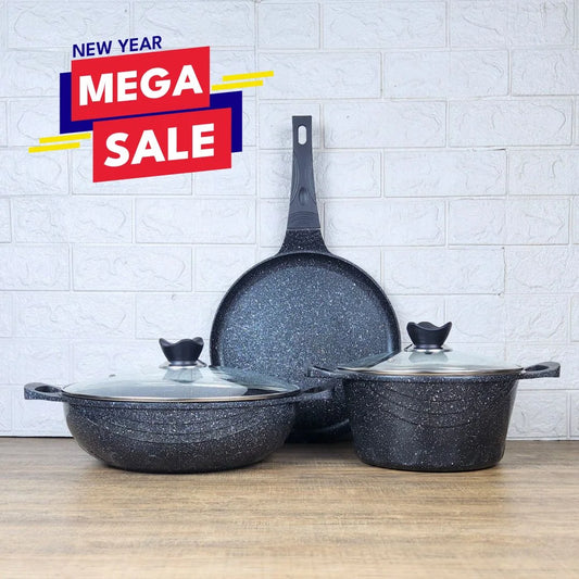 KLASSIC Die Cast Marble Coated Cookware Set 6 Pieces | Wok + Pizza Pan + Cooking Pot  and Spoon| Mini Cookware Kitchen Set 1080