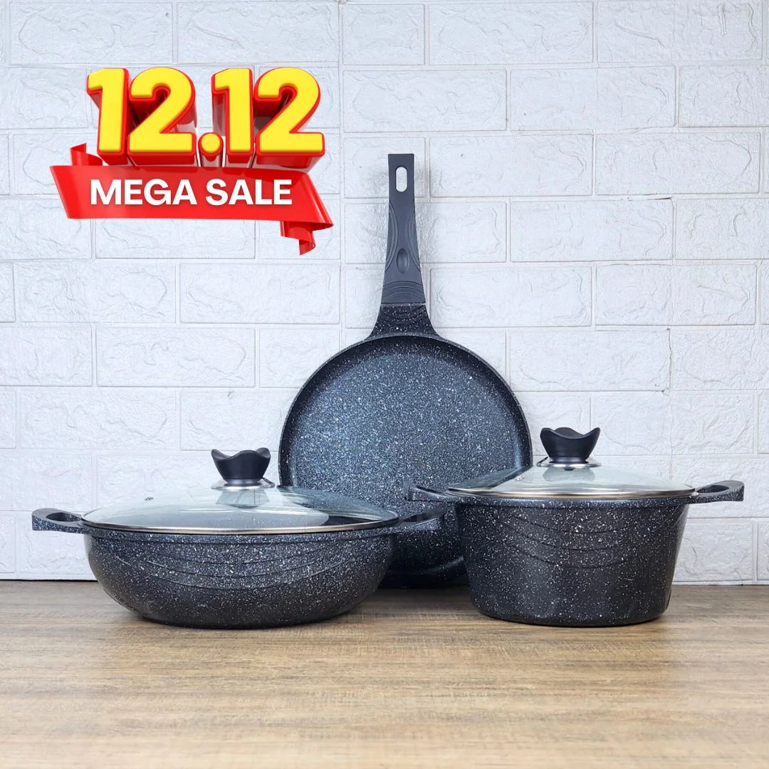 KLASSIC Die Cast Marble Coated Cookware Set 6 Pieces | Wok + Pizza Pan + Cooking Pot  and Spoon| Mini Cookware Kitchen Set