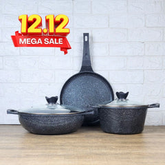 KLASSIC Die Cast Marble Coated Cookware Set 6 Pieces | Wok + Pizza Pan + Cooking Pot  and Spoon| Mini Cookware Kitchen Set