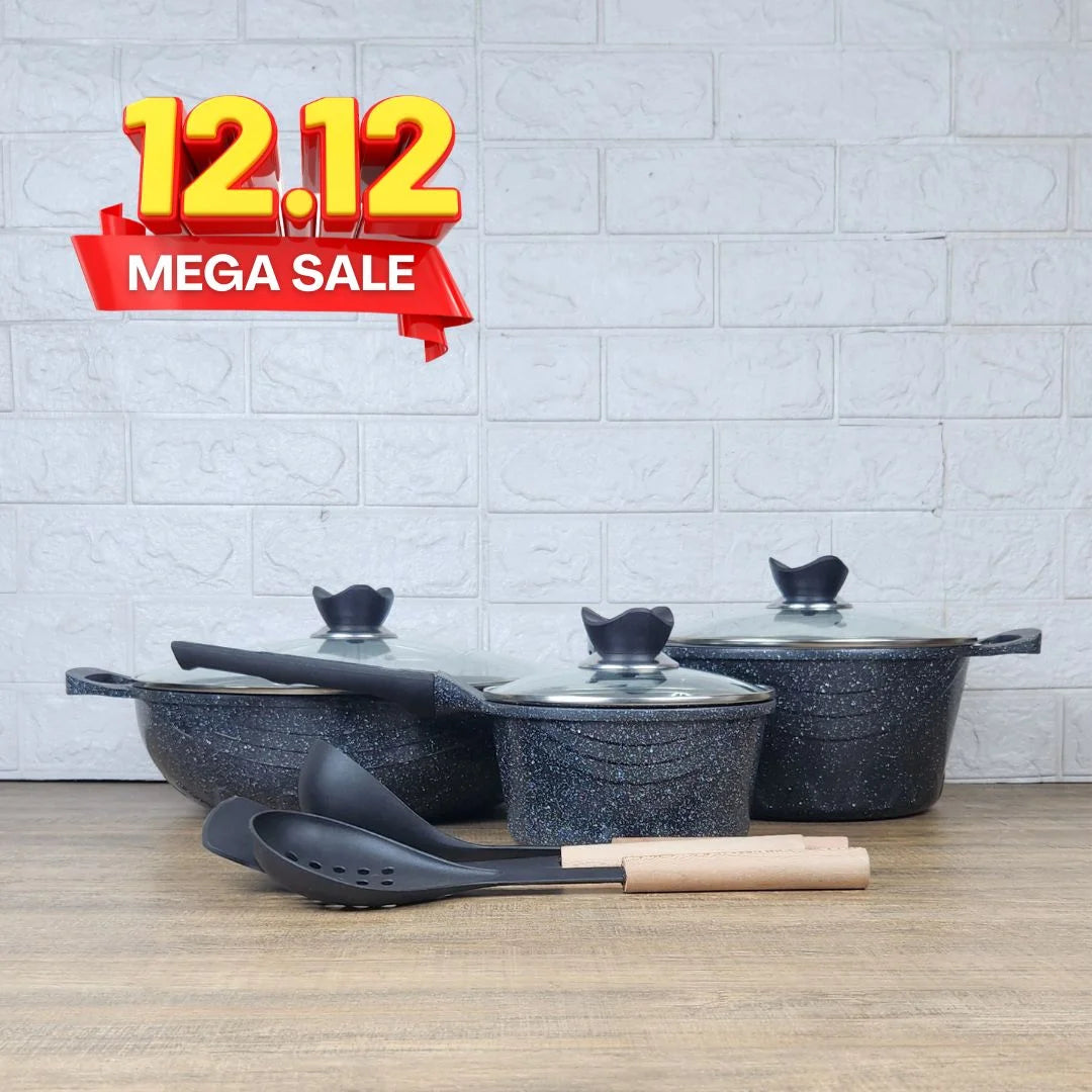 KLASSIC 9 Pieces Induction Base Die Cast Marble Coated Cookware Pan and Pot Set - Large Size Pots and Pan