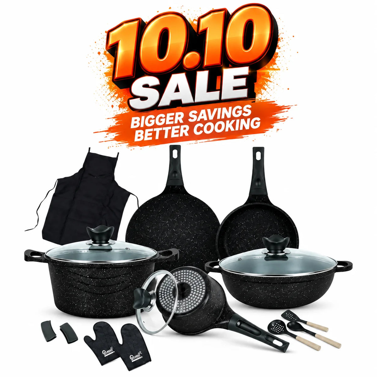 Vinton Vintage Die Cast Non Stick Cookware Set / Kitchen Set 16Pcs with Induction Base Black Gray