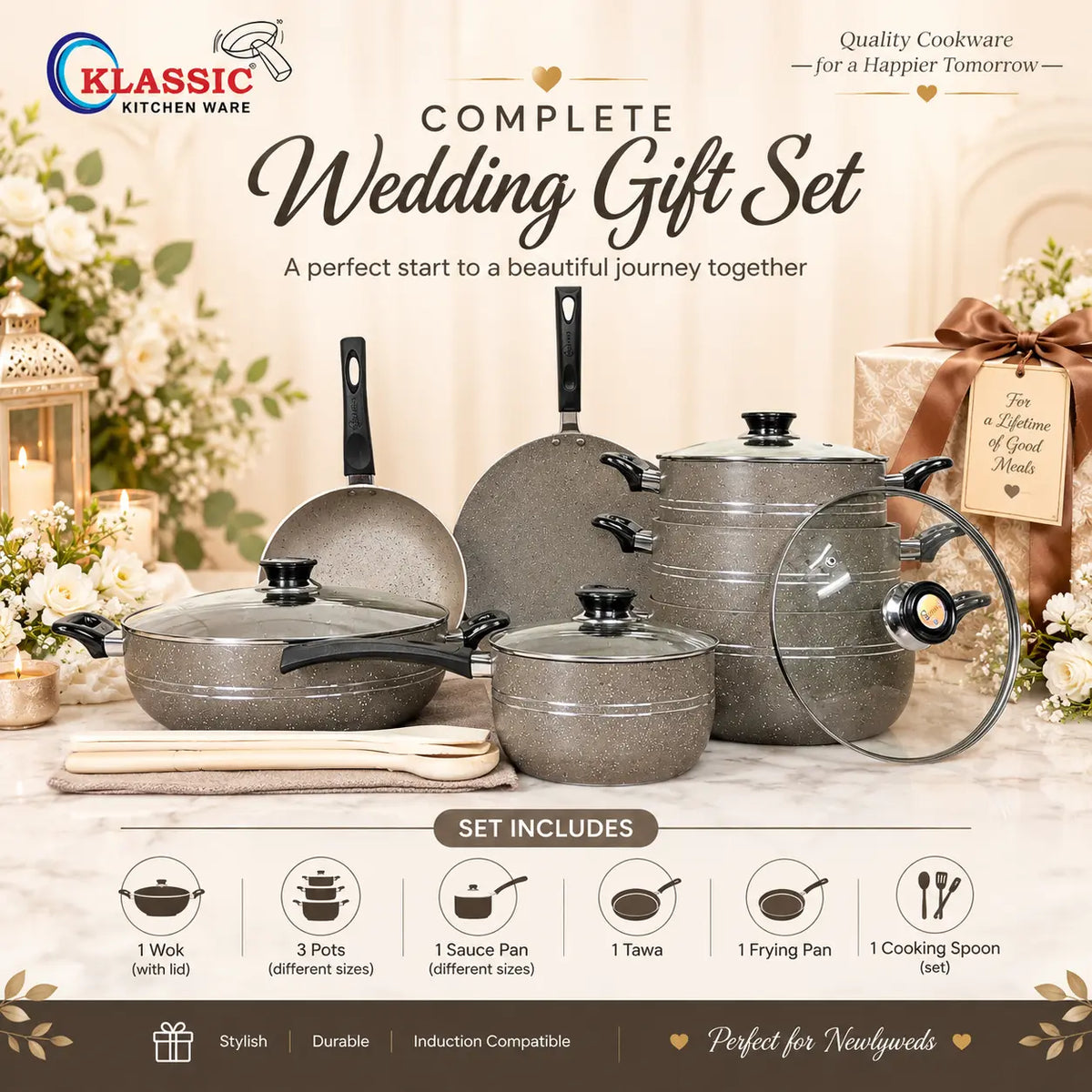 KLASSIC Vario Marble Coated Cookware Gift Set Beige Color - 15 Pieces Kitchenware Set with Glass Lid
