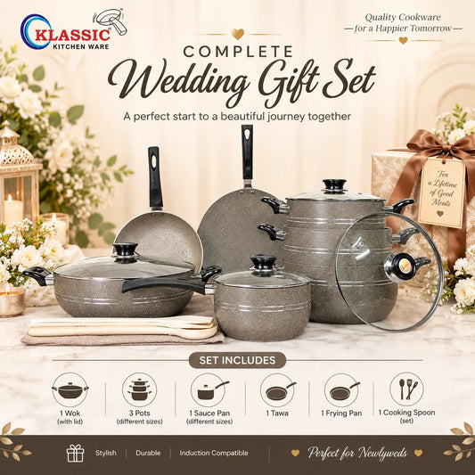 KLASSIC Vario Marble Coated Cookware Gift Set Beige Color - 15 Pieces Kitchenware Set with Glass Lid 1254