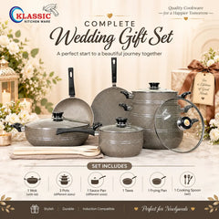 KLASSIC Vario Marble Coated Cookware Gift Set Beige Color - 15 Pieces Kitchenware Set with Glass Lid