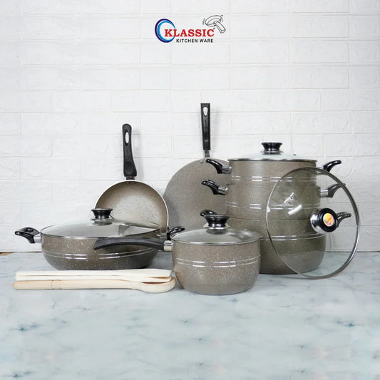 KLASSIC Vario Marble Coated Cookware Gift Set Beige Color - 15 Pieces Kitchenware Set with Glass Lid - Klassic kitchenware Pk 1080