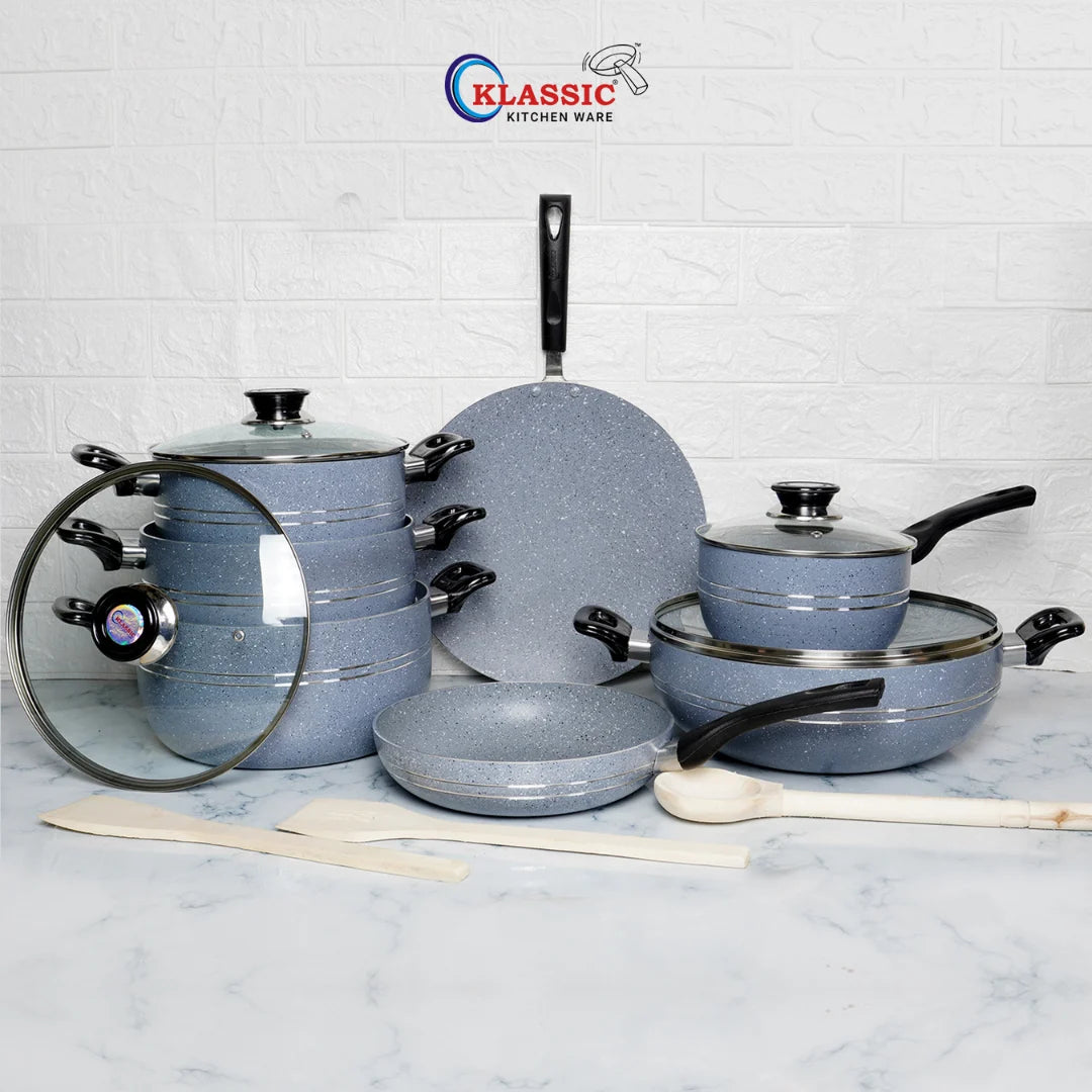 KLASSIC Vario Marble Coated Cookware Gift Set Gray Color - 15 Pieces Kitchenware Set with Glass Lid - Klassic kitchenware Pk