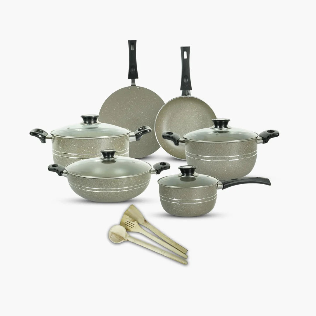 KLASSIC Vario Marble Coated Cookware Gift Set Beige Color - 15 Pieces Kitchenware Set with Glass Lid - Klassic kitchenware Pk