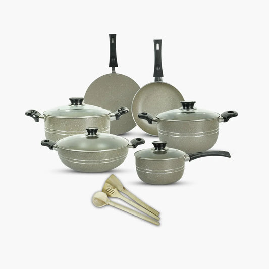 KLASSIC Vario Marble Coated Cookware Gift Set Beige Color - 15 Pieces Kitchenware Set with Glass Lid - Klassic kitchenware Pk 1080
