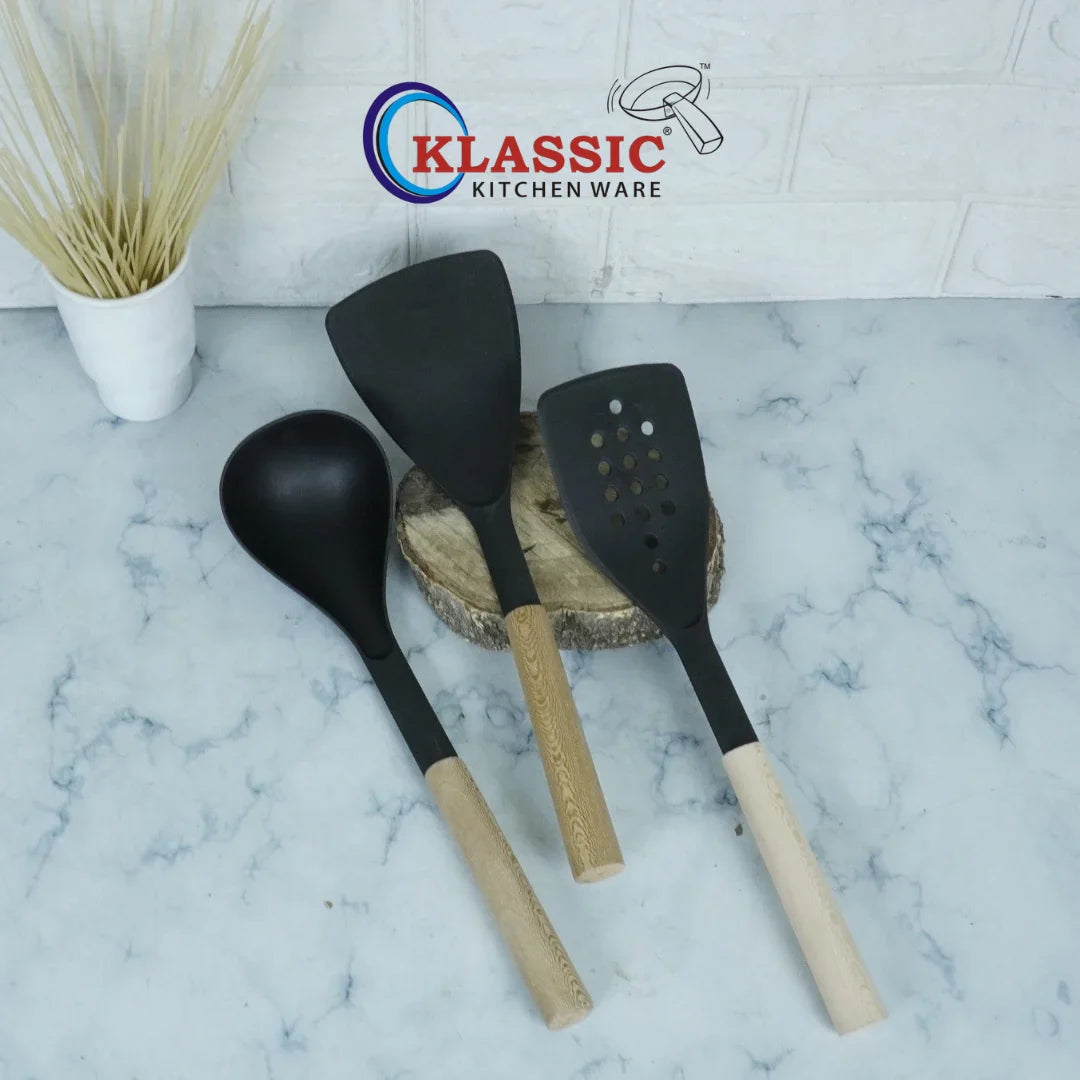 Klassic Best Quality Nylon Spoons with Wooden Grip Utensils - Kitchenware Accessories - Klassic kitchenware Pk