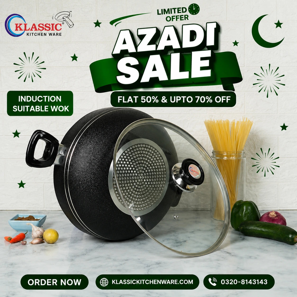 KLASSIC Induction Non Stick Karahi Round Short Handle with Glass Lid