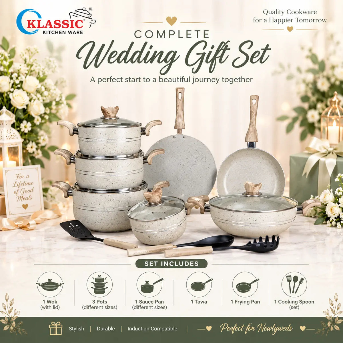 KLASSIC Marble Coated Cookware Gift Set Off White Color - 15 Pieces Kitchenware Set with Glass Lid