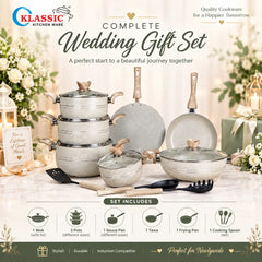 KLASSIC Marble Coated Cookware Gift Set Off White Color - 15 Pieces Kitchenware Set with Glass Lid