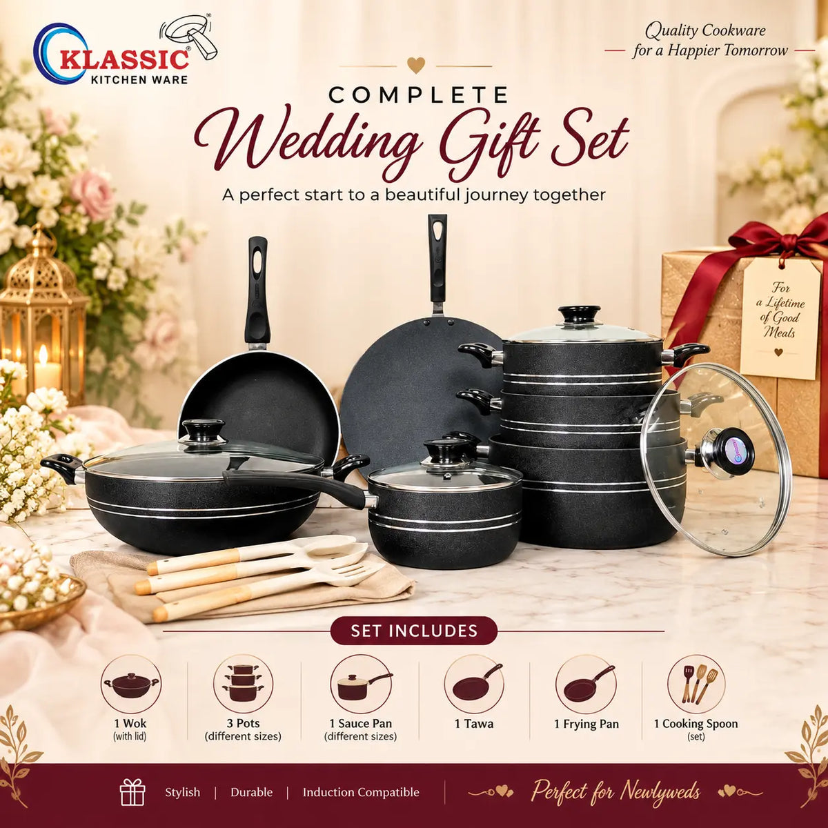 KLASSIC Vario Non-Stick Cookware Set/Kitchen Set of 15 Pieces With Glass Lid
