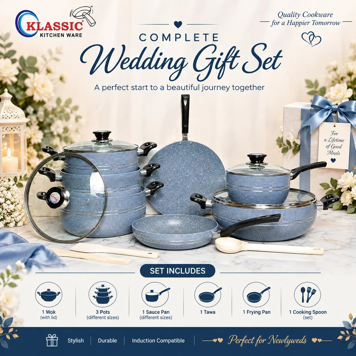 KLASSIC Vario Marble Coated Cookware Gift Set Gray Color - 15 Pieces Kitchenware Set with Glass Lid