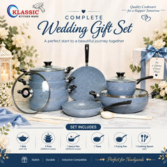KLASSIC Vario Marble Coated Cookware Gift Set Gray Color - 15 Pieces Kitchenware Set with Glass Lid