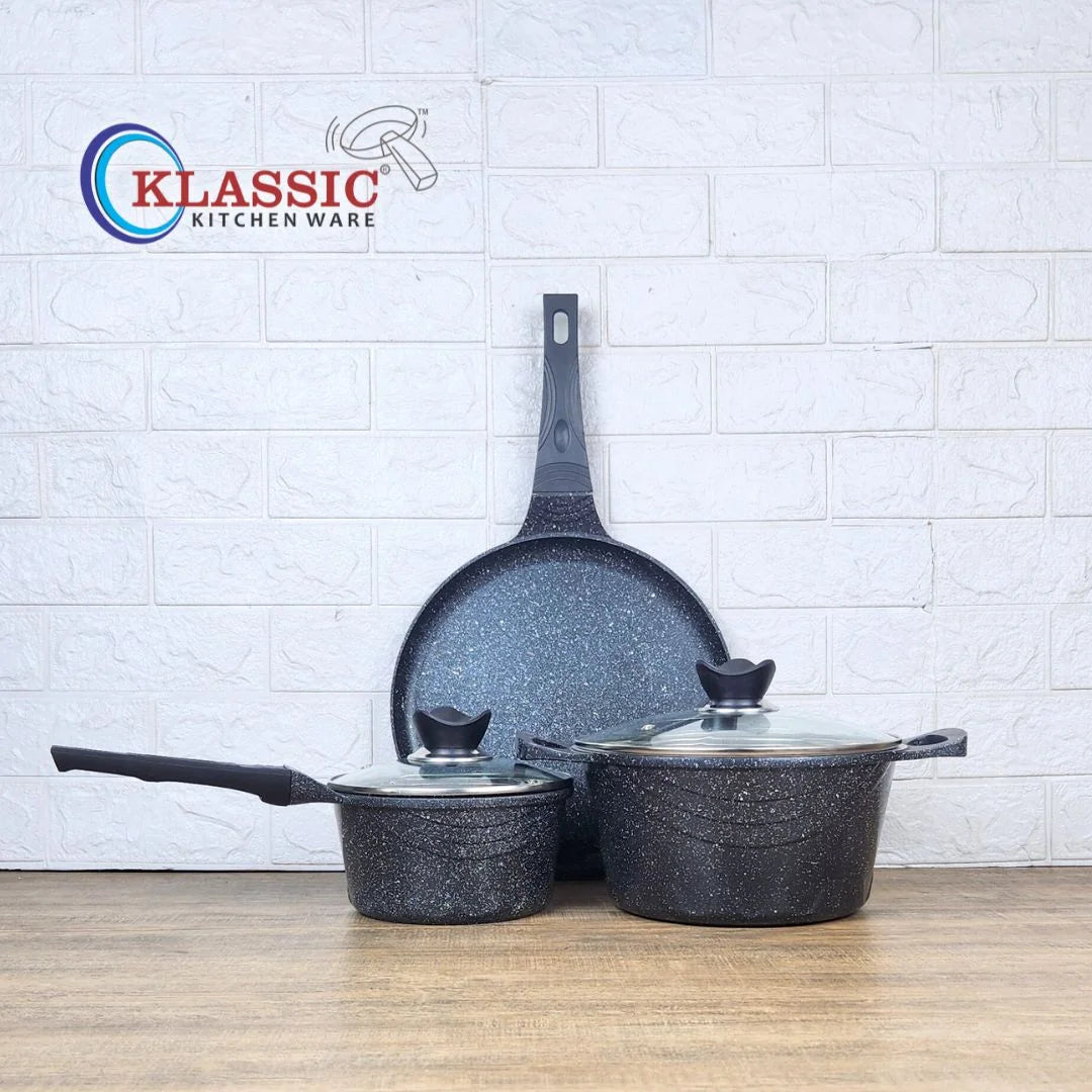KLASSIC Die Cast Marble Coated Cookware Set 5 Pieces | Sauce and Pizza Pan + Cooking Pot | Combo Cookware Kitchen Set