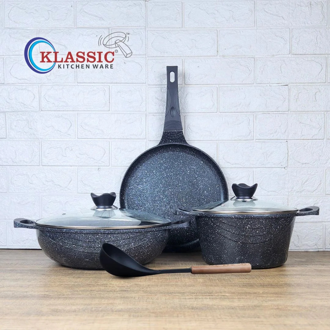 KLASSIC Die Cast Marble Coated Cookware Set 6 Pieces | Wok + Pizza Pan + Cooking Pot  and Spoon| Mini Cookware Kitchen Set