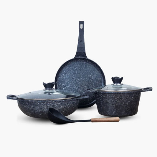 KLASSIC Die Cast Marble Coated Cookware Set 6 Pieces | Wok + Pizza Pan + Cooking Pot  and Spoon| Mini Cookware Kitchen Set 1080