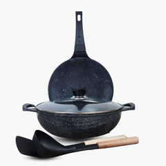 KLASSIC Die Cast Marble Coated Mini Cookware Set | Wok/Karahi 24cm with Lid + Tawa / Paratha Pan + Spoon Mini Cookware Kitchen Set