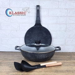 KLASSIC Die Cast Marble Coated Mini Cookware Set | Wok/Karahi 24cm with Lid + Tawa / Paratha Pan + Spoon Mini Cookware Kitchen Set